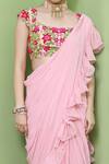 Shop_Keerthi Kadire_Peach Raw Silk Embroidery Square Neck Ruffle Saree With Blouse _Online_at_Aza_Fashions