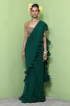 Keerthi Kadire_Green Embroidery Square Neck Ruffle Saree With Blouse _Online_at_Aza_Fashions