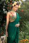 Buy_Keerthi Kadire_Green Embroidery Square Neck Ruffle Saree With Blouse _Online_at_Aza_Fashions