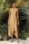 Buy_Kharakapas_Brown Poplin Embroidery V Neck Balloon Jumpsuit  _at_Aza_Fashions