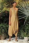 Kharakapas_Brown Poplin Embroidery V Neck Balloon Jumpsuit  _Online_at_Aza_Fashions