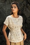 Buy_Kharakapas_Beige Cotton Floral Motifs Round Neck Atlas Printed Top _Online_at_Aza_Fashions