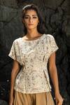 Shop_Kharakapas_Beige Cotton Floral Motifs Round Neck Atlas Printed Top _Online_at_Aza_Fashions