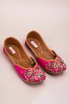 Kasually Klassy_Pink Leather Floral Embroidered Juttis_Online_at_Aza_Fashions