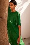 Kharakapas_Green Linen Embroidered Engraved Asymmetric Hem Tunic And Trouser Set  _Online_at_Aza_Fashions