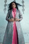 Kasturi Kundal_Blue Base Fabric Satin Embroidery Shawl Lapel Banarasi Handloom Jacket  _Online_at_Aza_Fashions