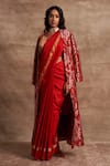 Kasturi Kundal_Red Base Fabric Satin Embroidery V Neck Banarasi Handloom Jacket  _Online_at_Aza_Fashions