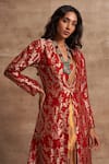 Buy_Kasturi Kundal_Red Base Fabric Satin Embroidery V Neck Banarasi Handloom Jacket  _Online_at_Aza_Fashions