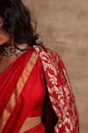 Shop_Kasturi Kundal_Red Base Fabric Satin Embroidery V Neck Banarasi Handloom Jacket  _Online_at_Aza_Fashions