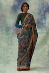 Buy_Kasturi Kundal_Blue Pure Banarasi Silk Kalamkari Floral Tilak Kanjivaram Saree  _at_Aza_Fashions