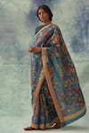 Shop_Kasturi Kundal_Blue Pure Banarasi Silk Kalamkari Floral Tilak Kanjivaram Saree  _at_Aza_Fashions