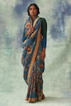 Buy_Kasturi Kundal_Blue Pure Banarasi Silk Kalamkari Floral Tilak Kanjivaram Saree  _Online_at_Aza_Fashions