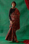 Shop_Kasturi Kundal_Maroon Pure Banarasi Tussar Silk Kalamkari Floral Apsara Saree  _at_Aza_Fashions