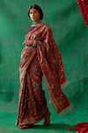 Kasturi Kundal_Maroon Pure Banarasi Tussar Silk Kalamkari Floral Apsara Saree  _Online_at_Aza_Fashions