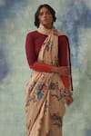 Buy_Kasturi Kundal_Beige Pure Tussar Silk Kalamkari Floral Manini Saree _Online_at_Aza_Fashions
