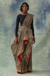 Buy_Kasturi Kundal_Grey Pure Tussar Silk Kalamkari Floral Padmini Saree _at_Aza_Fashions