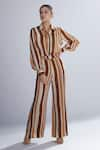 KoAi_Brown Silk Striped Palazzos _Online_at_Aza_Fashions