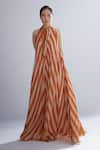 KoAi_Orange Chiffon Striped Bow Neck Maxi Dress _Online_at_Aza_Fashions