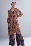 Buy_KoAi_Blue Chanderi Silk Floral Print Palazzos (For Kids)_Online_at_Aza_Fashions