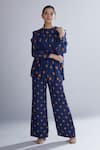 Shop_KoAi_Blue Chiffon Pleated Polka Dot Blouse _Online_at_Aza_Fashions