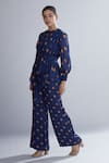 KoAi_Blue Chiffon Pleated Polka Dot Blouse _Online_at_Aza_Fashions