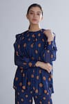 Buy_KoAi_Blue Chiffon Pleated Polka Dot Blouse _Online_at_Aza_Fashions