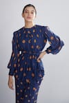 Buy_KoAi_Blue Chiffon Pleated Polka Dot Blouse _at_Aza_Fashions