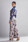 Shop_KoAi_Blue Silk Floral Print Bow Neck Shirt_at_Aza_Fashions