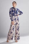 KoAi_Blue Silk Floral Print Bow Neck Shirt_Online_at_Aza_Fashions