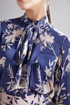 KoAi_Blue Silk Floral Print Bow Neck Shirt_at_Aza_Fashions