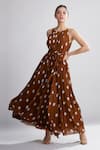 Buy_KoAi_Brown Chiffon Polka Dot Print Pleated Maxi Dress _at_Aza_Fashions