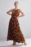 KoAi_Brown Chiffon Polka Dot Print Pleated Maxi Dress _Online_at_Aza_Fashions