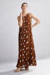 Buy_KoAi_Brown Chiffon Polka Dot Print Pleated Maxi Dress _Online_at_Aza_Fashions