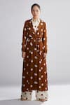 Shop_Koai_Brown Silk Polka Dot Print Trench Jacket _at_Aza_Fashions