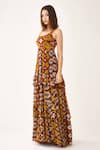 KoAi_Maroon Chiffon Printed Dabu Scoop Neck Tiered Dress _Online_at_Aza_Fashions