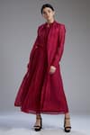 KoAi_Maroon Chanderi Silk Lapel Printed Long Jacket _Online_at_Aza_Fashions