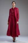 Buy_KoAi_Maroon Chanderi Silk Lapel Printed Long Jacket _Online_at_Aza_Fashions