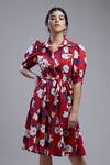 Buy_Koai_Red Poplin Cotton Straight Collar Floral Print Dress_at_Aza_Fashions