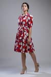 Koai_Red Poplin Cotton Straight Collar Floral Print Dress_Online_at_Aza_Fashions