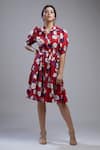 Shop_Koai_Red Poplin Cotton Straight Collar Floral Print Dress_Online_at_Aza_Fashions