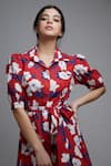 Koai_Red Poplin Cotton Straight Collar Floral Print Dress_at_Aza_Fashions