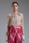 Koai_Beige Chanderi Silk Band Collar Printed Shirt _at_Aza_Fashions