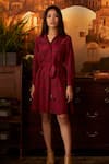 Shop_Koai_Pink Muslin Silk Shirt Collar Abstract Print Dress With Belt _at_Aza_Fashions