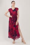 Koai_Red Chiffon V Neck Floral Print Kaftan Dress_Online_at_Aza_Fashions