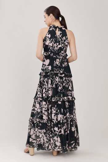 Shop_Koai_Green Chiffon Round Floral Print Dress _at_Aza_Fashions