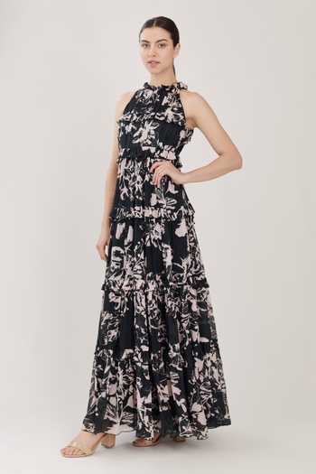Koai_Green Chiffon Round Floral Print Dress _Online_at_Aza_Fashions