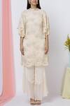 Buy_Aariyana Couture_Peach Moss Crepe Round Embroidered Kurta Set _Online_at_Aza_Fashions