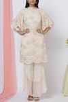 Buy_Aariyana Couture_Peach Moss Crepe Round Embroidered Kurta Set _at_Aza_Fashions