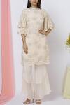 Aariyana Couture_Peach Moss Crepe Round Embroidered Kurta Set _Online_at_Aza_Fashions