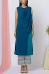 Aariyana Couture_Blue Georgette Round Neck Draped Kurta Pant Set  _Online_at_Aza_Fashions